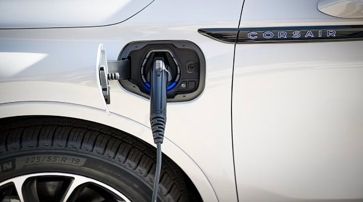 An electric charger is shown plugged into the charging port of a Lincoln Corsair® Grand Touring
model. | Bluebonnet Motors Lincoln in New Braunfels TX